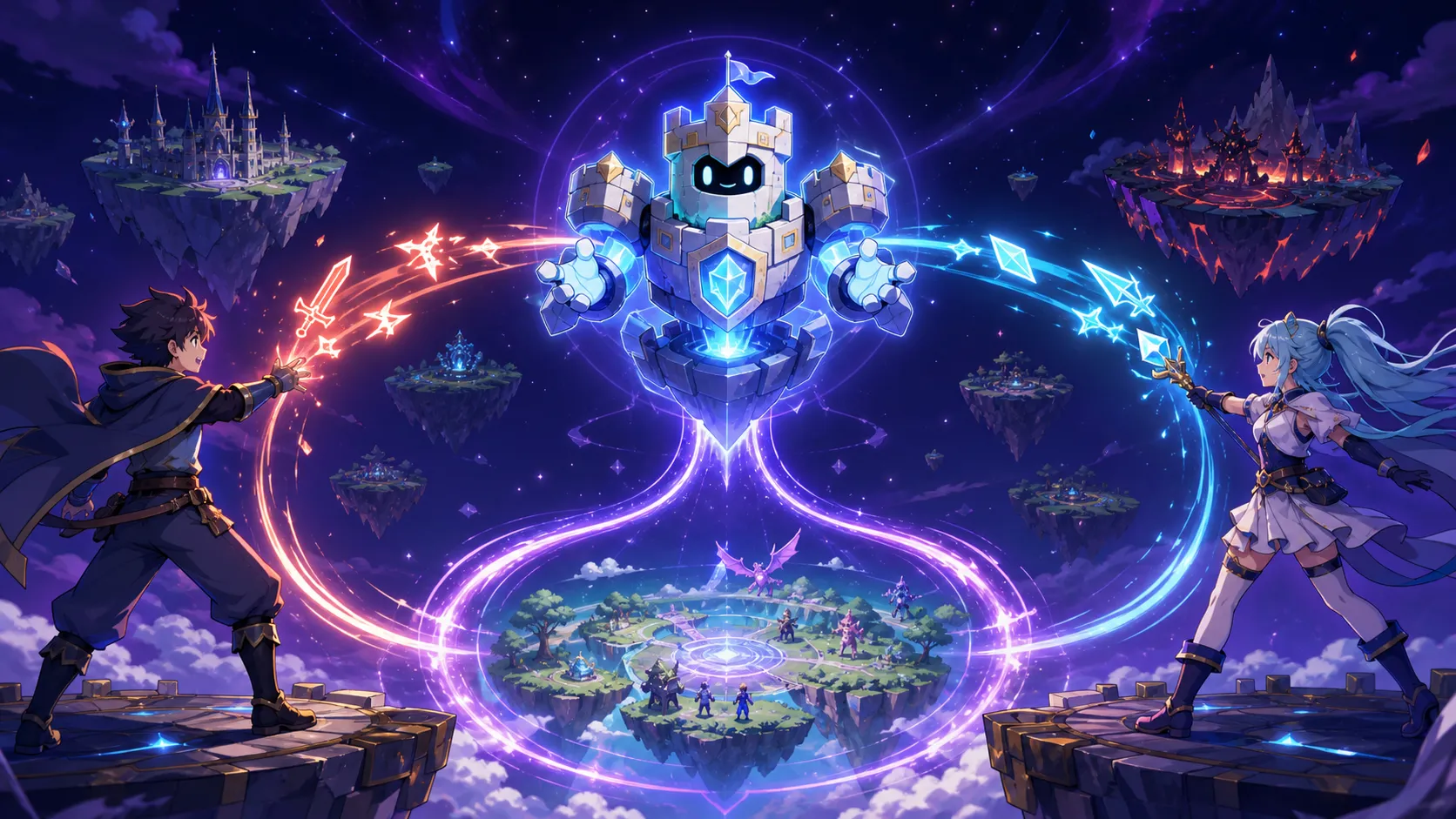 Two player heroes send actions to Citadel, which returns one synchronized shared world.