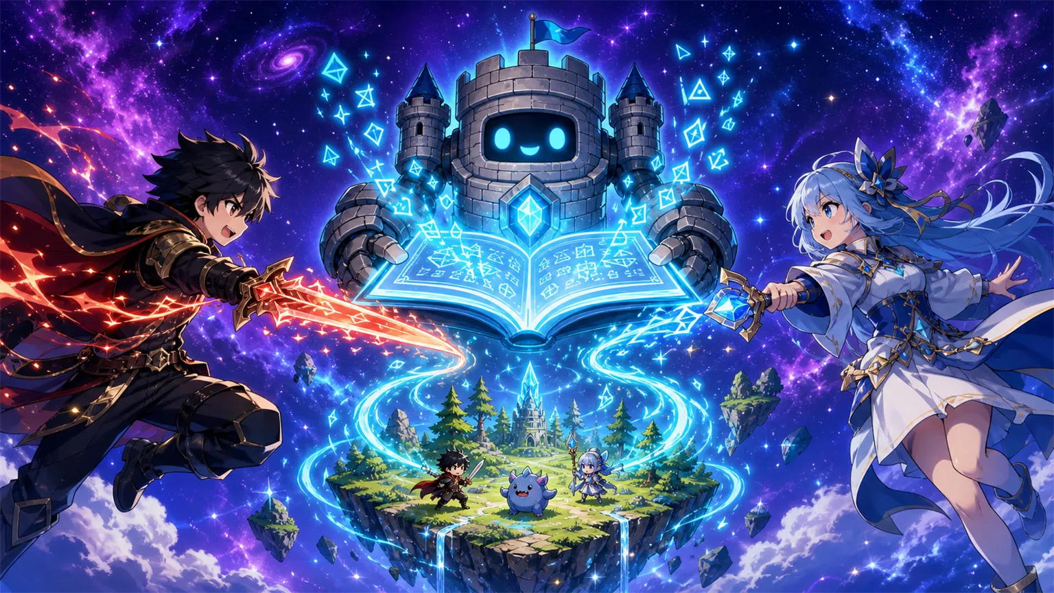 Two heroes send their actions into a glowing rulebook held by Citadel’s castle-robot; the book shapes one shared floating world below.
